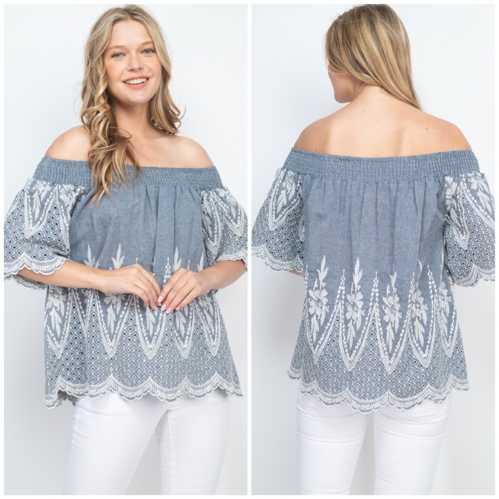 MUR MUR Oversized Chambray Embroidered Top